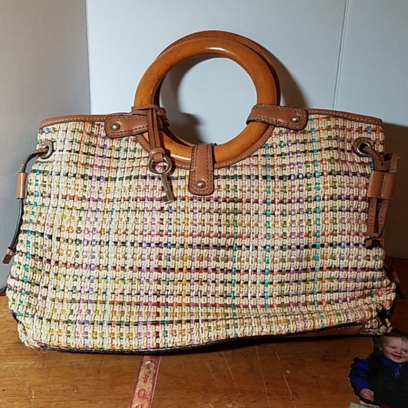 Fossil Weave & Wood Purse 14x4x8 - Picture 1 of 8